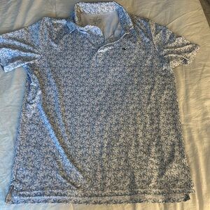 Vineyard Vines Sankaty Blue and White Fish performance polo.